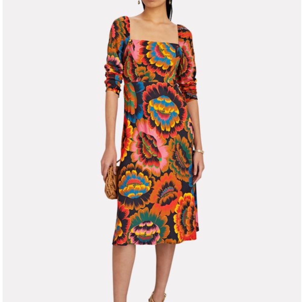 Farm Rio Colorful Flowers 3/4 Sleeve Midi‎ Dress Size XS